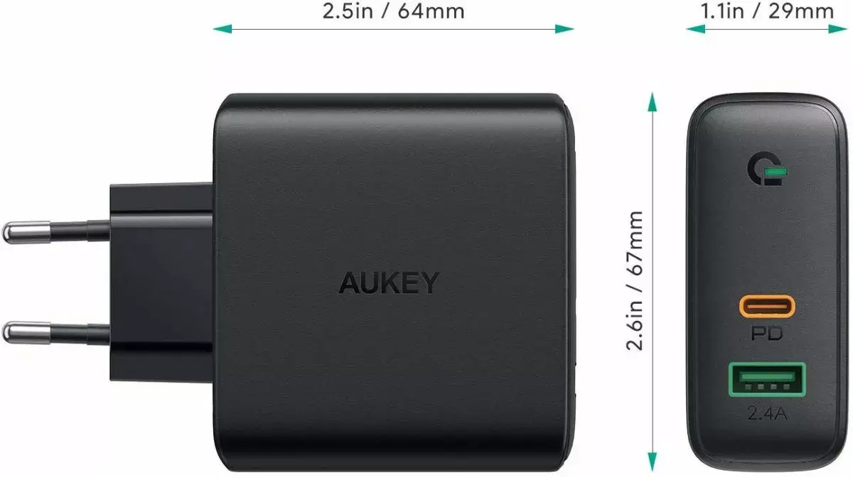 Aukey PA-D3 sienas lādētājs 60W PD 2xUSB Photo 10
