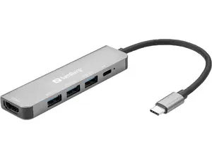 Sandberg USB-C Dock HDMI 3xUSB PD 100W Grey Aluminium Wired USB 3.2 Gen 1 Type-C 4K Ultra HD