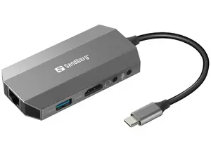 Sandberg USB-C 6in1 Travel Dock dokstacija ar vadu savienojumu, USB 3.2 Gen 1 Type-C interfeisu, 100W Power Delivery, Gigabit Ethernet un karšu lasītāju