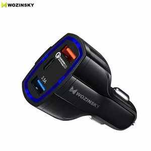 Wozinsky Universālais automašīnas lādētājs 2x USB / USB Type-C Ātrā uzlāde 3.0 QC3.0 Melns