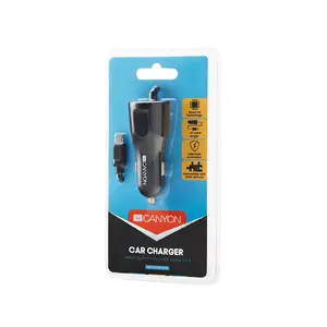 Canyon C-031 automašīnas lādētājs ar iebūvētu MicroUSB kabeli, 2.4A, melns