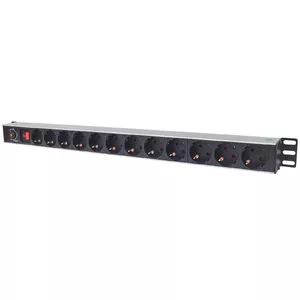 Barošanas sadalītājs INTELLINET vertikāls Rackmount PDU 714044 — 12 Type F kontaktligzdas, kabelis 1.8 m, 16 A, 250 V, 1U, alumīnijs, melns