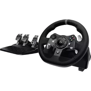 Racing wheel and pedals Logitech G G920 Driving Force — wired USB 2.0, PC / Xbox One / Xbox Series X|S, aluminium & leather finish