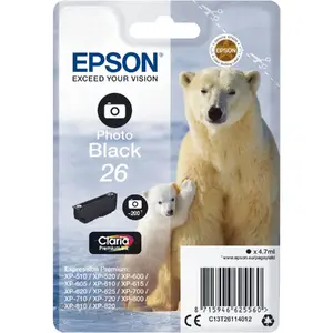 Epson Polar bear 26 Claria Premium melnās krāsas foto tintes kasetne ar 4.7 ml tilpumu un 200 lappušu resurss Expression Premium printeriem
