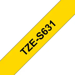 Brother TZE-S631 uzlīmju lente TZ stipri līmējoša laminēta 12 mm platums 8 m garums melns uz dzeltena