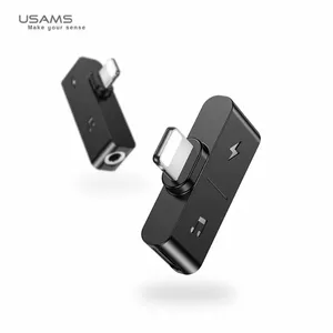 usams US-SJ385 divējāds Lightning adapters ar 3,5 mm austiņu ligzdu un Lightning uzlādes ligzdu, melns