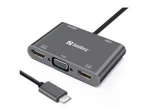 Sandberg USB-C dokstacija ar 2x HDMI, 1x VGA, USB 3.2 Gen 1 Type-A, USB-C Power Delivery, 4K Ultra HD atbalstu un vadu interfeisu
