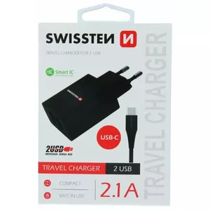 Туристическое зарядное устройство SWISSTEN SW-DET-2.1AWCUC-BK — 2x USB 2.1A и кабель USB‑C 1,2 м