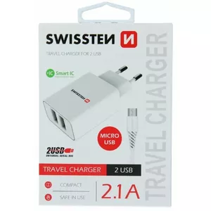Power adapter SWISSTEN Travel Charger SW-SET-2x2.1AWCM-WH — 2× USB 2.1A, Micro USB cable 1.2 m, white