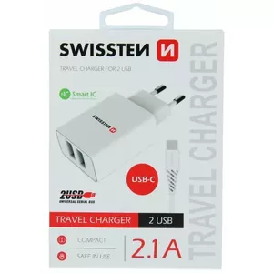 Сетевой адаптер SWISSTEN Travel Charger SW-SET-2X2.1AWCUC-WH — 2× USB 2.1A, USB‑C кабель 1,2 м