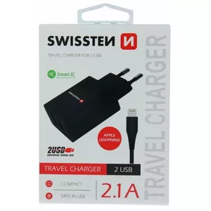 Wall Travel Charger SWISSTEN SW-SET-2X2.1AWCLIH-BK – 2x USB 2.1A, Lightning cable 1.2 m