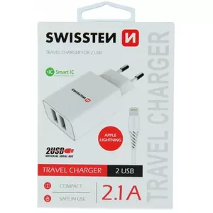 Туристическое зарядное устройство SWISSTEN SW-SET-2X2.1AWCLIH-WH 2x USB 2,1A с Lightning кабелем 1,2 м