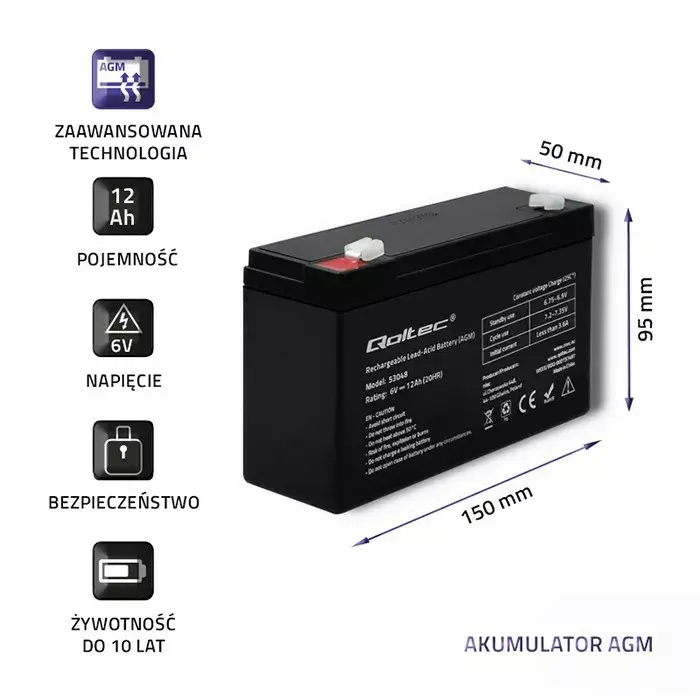 QOLTEC 6V 12Ah AGM battery Photo 3