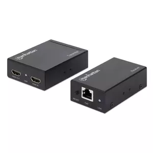 Manhattan HDMI 1080p over Ethernet Extender Kit, Up to 50m with Single Cat6 Cable, Tx & Rx Modules, IR Support, Three Year Warranty, With Euro 2-pin plug, Box