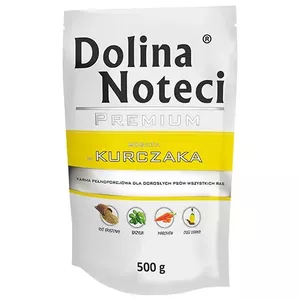 Mitrs suņu barība Dolina Noteci 500 g paciņa — Vistas garša, pieaugušiem suņiem, Olbaltumvielas 11%, Tauki 7%, Mitrums 76%