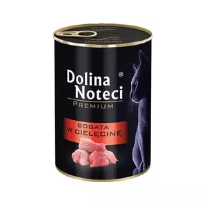 Mitrs kaķu barības Dolina Noteci 400 g kanna — teļēnu garša, pieaugušiem kaķiem, 80% mitrums