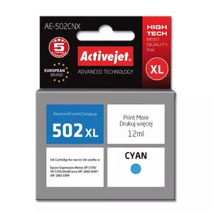Картридж ActiveJet AE-502CNX Cyan совместимый с Epson 502XL W24010, High (XL), 12 мл
