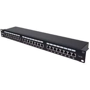 Patch panel INTELLINET Cat6a FTP 24‑port 1U shielded, 90° top‑entry punch‑down, black