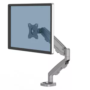Monitor mount Fellowes Eppa 9683001 — single-arm, supports up to 40" / 8 kg, VESA 75x75–100x100, clamp/grommet, tilt -90° to 90°, height adjustable, silver