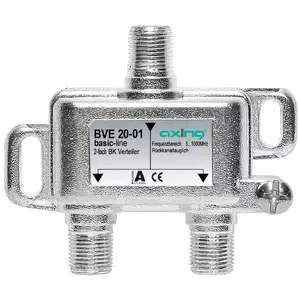 Cable splitter Axing BVE020011 — F-type connectors, 5–1006 MHz, stainless steel, 42×17×52 mm