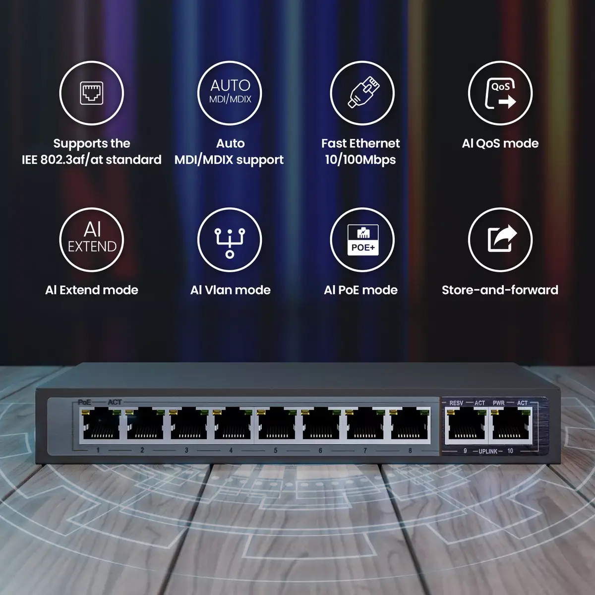 Slēdzis Extralink CERES 8x 100Mb/s PoE/PoE+ Photo 12