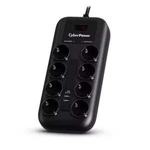 Pārsprieguma aizsargs CYBERPOWER P0820SUF0-DE — 8x Type F kontaktligzdas, 1050 J, 200–250 V, kabelis 1.8 m, melns