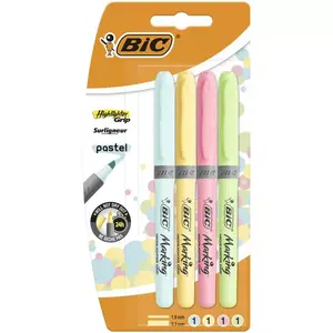 Marķieri BIC Highlighter Grip Pastel 4 gab. — šķēpveida uzgalis, zils/zaļš/rozā/dzeltens