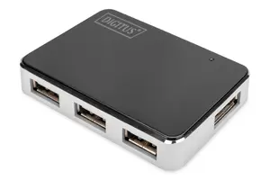 Digitus USB 2.0 4-Port Hub with USB 2.0 Mini-B host interface, 480 Mbit/s data transfer rate, and black and silver color design