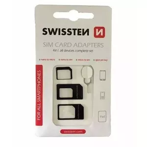 SIM card adapter kit SWISSTEN with ejector needle — multi-size adapters for nano/micro/standard SIM, black