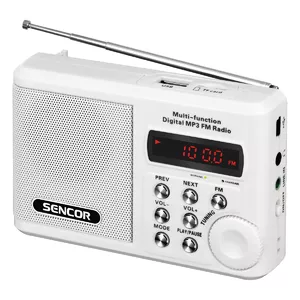 Portable FM Radio SENCOR SRD 215 W — FM receiver, digital display, microSD slot, telescopic antenna, USB charge, 2W RMS, lithium battery, white