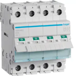Circuit breaker Hager SBN463 — 63 A, coil voltage up to 440 V, 4 modules, IP20