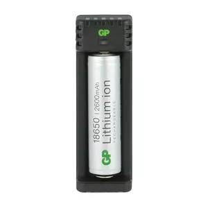 Battery charger GP L111 for Lithium‑Ion (Li‑Ion) household cells, 5 V 1 A output, 2600 mAh support, AC powered, black