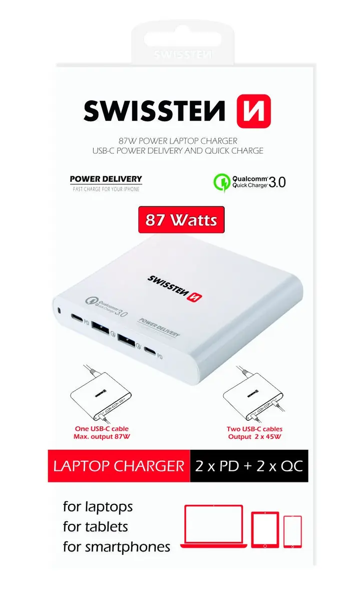 Ceļojumu lādētājs SWISSTEN SW-TCH-87W-PD30-QC30-W — 87W
