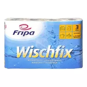 Fripa салфетки кухонные рулон Wischfix, 3-слойные, ярко-белые из 100% целлюлозы, прочные на разрыв, хорошо впитывают, размер листа: - 1 штука (3014006)