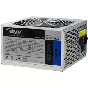 Barošanas bloks Akyga AK-B1-420 ATX 420 W, 20+4 pin, 70% efektivitāte, pelēks