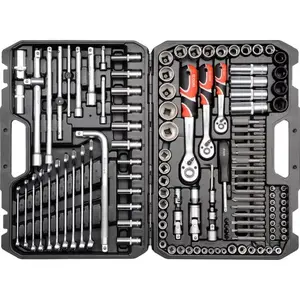 Mechanics tool set YATO YT-38872, 128 tools, CR-V sockets 1/2", 3/8", 1/4", ratchet, socket extensions, black case