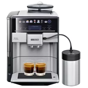 Kafijas automāts Siemens EQ.6 plus TE657F03DE — pilnībā automātisks, ūdens tvertne 1,7 L, iebūvēta dzirnaviņa, 2 tasītēm, LCD, 1500 W, melns/nerūsējošais tērauds