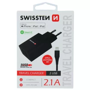 Сетевое зарядное устройство SWISSTEN SW-SET-2X2.1AWCLIH-MFI-BK — 2x USB 2.1A с кабелем Lightning (MFi)