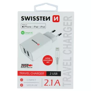 Сетевой адаптер SWISSTEN Smart IC Travel Charger 2x USB 2.1A с кабелем Lightning MFi 1,2 м белый