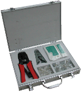 Network kit DATACOM 4590 — cable tester, RJ45/RJ12 crimp tool, 8P/6P plug crimper and wire stripper
