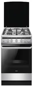 Freestanding cooker gas Amica 57GGH5.43HZpMsN(Xx) stainless steel with 4 gas cooking zones, 64 L oven capacity, grill function, and rotary controls
