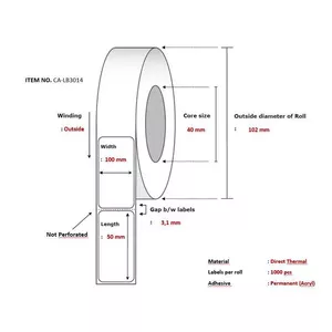 Printer label roll Capture CA-LB3014 White, direct thermal, 10 cm × 5 cm, 1,000 labels/roll