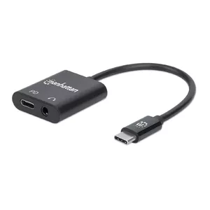 MANHATTAN USB-C to 3.5mm Headphone Jack and USB-C (PD 60W) Adapter Cable, 11 cm, USB 2.0 480 Mbps, Black