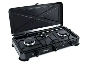 Gāzes plīts PROMIS KG300C, 3 liesmas, manuāla rotācijas vadība, melna virsma, 580×310×110 mm