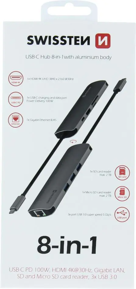 USB‑C hubs SWISSTEN 8‑1 ar alumīnija