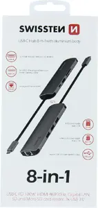 USB-C hub SWISSTEN 8‑in‑1 with aluminium body — SW‑USBC‑8IN1