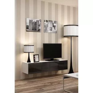 Тумба под TV cama meble VIGO 140 — 1400×400×300 мм, белая столешница (ДСП), белый каркас, бело/черный глянец
