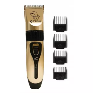 Dzīvnieku trimmeris ORO-MED ORO-PET CLIPPER USB — akumulators 3,7 V, 1200 mAh, 120 min darbība, keramikas asmens, 4 garuma pakāpes (3–12 mm), zelta