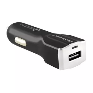 Auto lādētājs Qoltec 50140, piepīpētāja barošana, universāls 12–24V ieeja, 18W ātrā uzlāde, melns