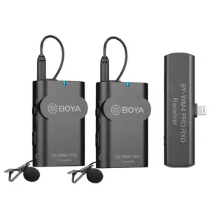 Bezvadu lavaljēra mikrofonsistēma Boya BY-WM4 Pro-K4 — RF 2405–2478 MHz, darbības rādiuss 60 m, bodypack uztvērējs, rokas raidītājs